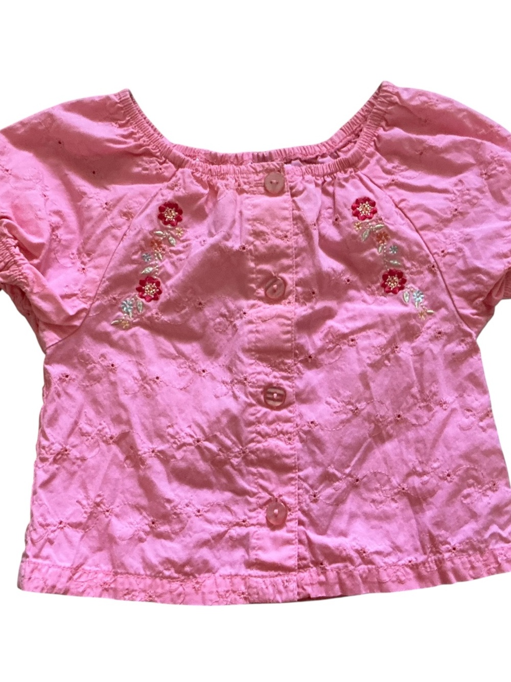 Vtg Sunshine Baby Girls Pink Floral Embroidered Eyelet Button-Front Top
